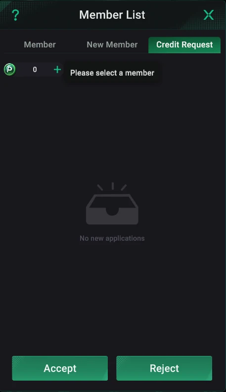 PPPoker: Credit Request: chip requests — Accept or Reject.