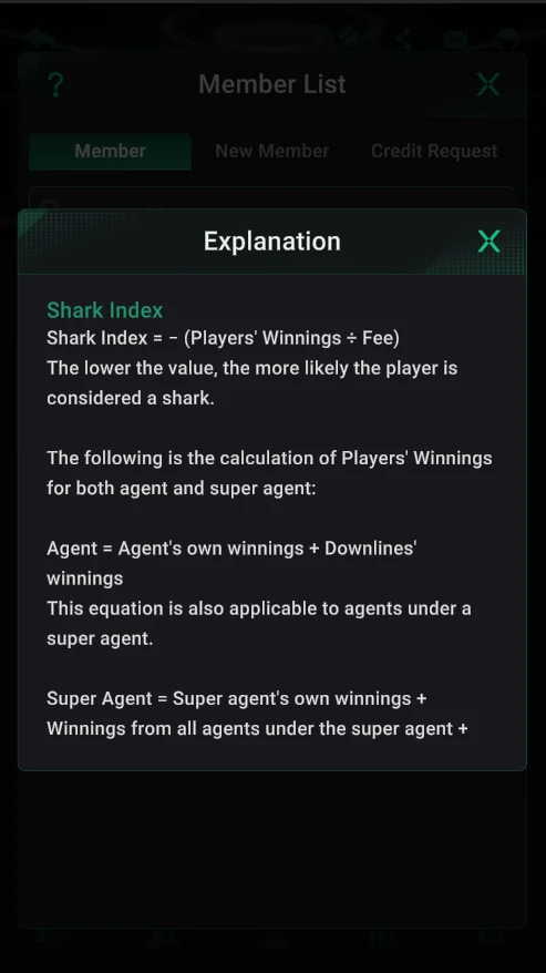 PPPoker: The hint: Shark Index for players, agents and super agents.