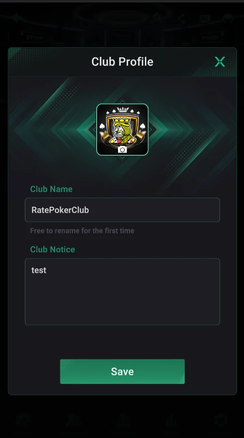 PPPoker: Editing: logo, Club Name, Club Notice and Save.