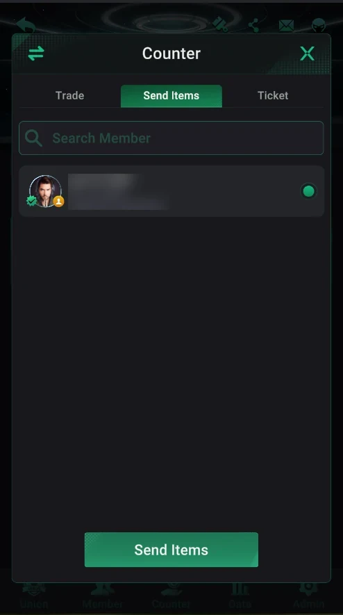 PPPoker: Send Items: pick a member.