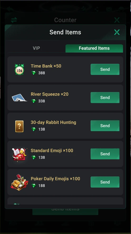 PPPoker: Items: time bank, River Squeeze, Rabbit Hunting, emojis.