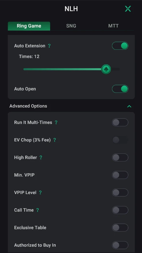 PPPoker: Advanced Options: Run It Multi-Times, EV Chop, VPIP, Call Time, buy-in approval.
