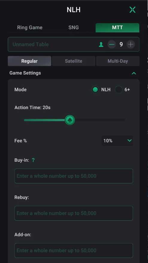 PPPoker: MTT: type, fee, buy-in, rebuy and add-on.