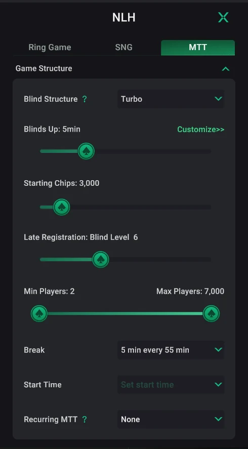 PPPoker: Game Structure: blinds, stack, late registration, breaks.