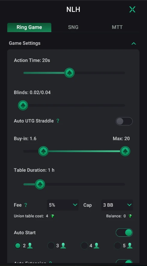 PPPoker: Game Settings: time, blinds, buy-in, duration, rake and Auto Start.