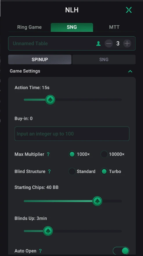PPPoker: SNG → SpinUp: buy-in, multiplier, blind structure.