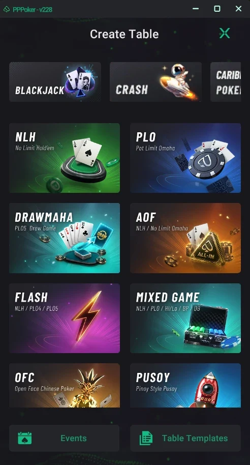 PPPoker: Create Table: games, Events and Table Templates.