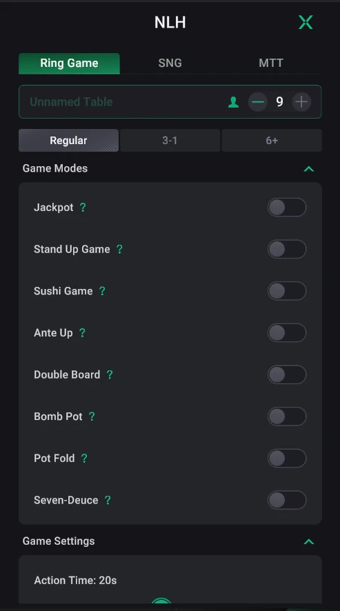 PPPoker: Ring Game: name, seats, NLH variant and Game Modes.