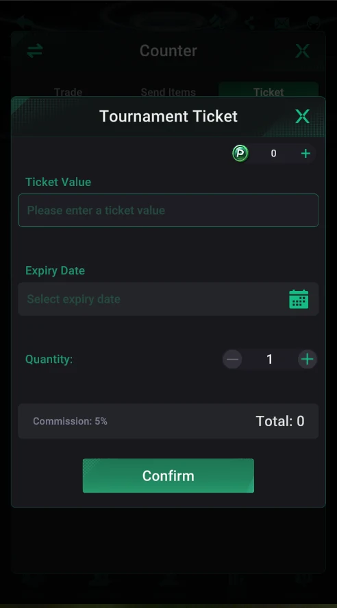 PPPoker: Tournament Ticket: value, expiry, quantity and the 5% commission.