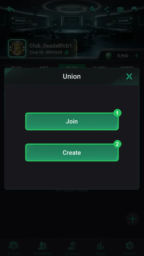 PPPoker: The Union tab: Join and Create.