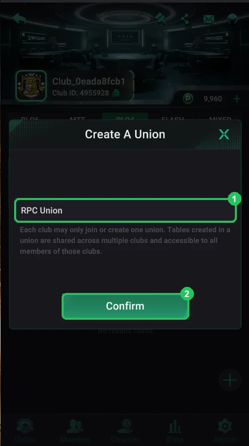 PPPoker: Create: the union name.