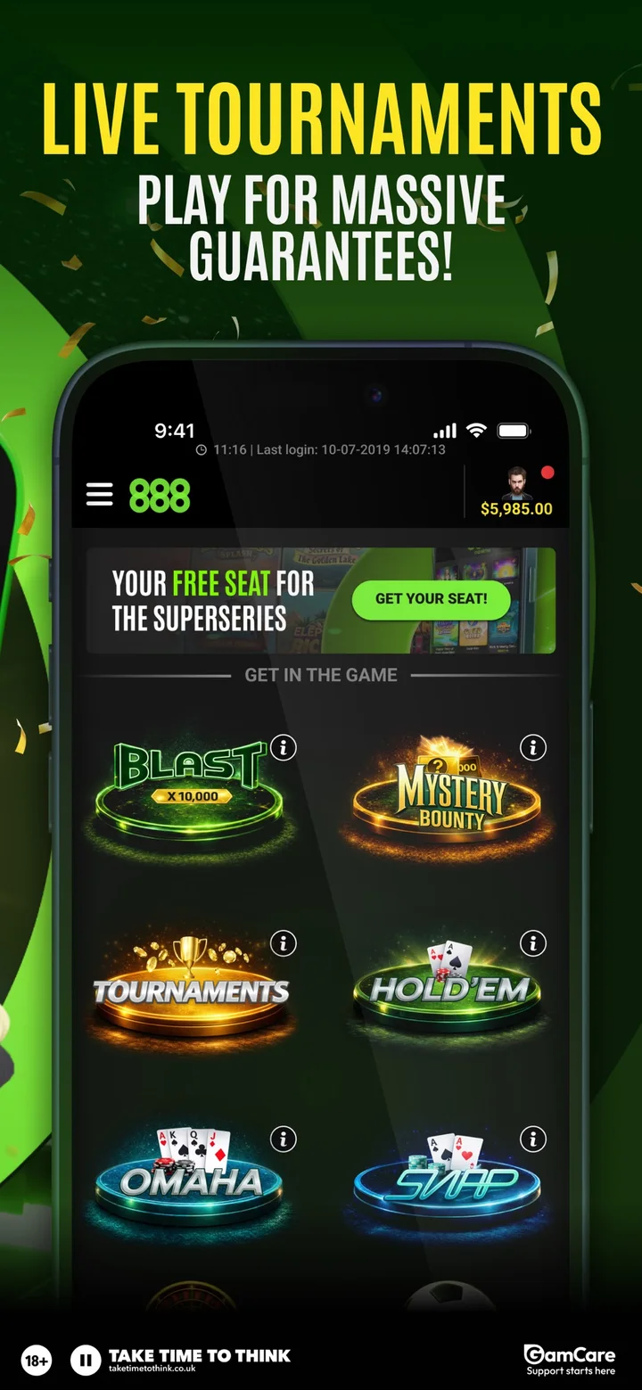 888poker mobile lobby with the BLAST ×10,000 tile