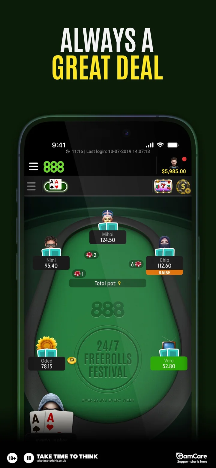 888poker mobile table with “24/7 Freerolls Festival” printed on the felt