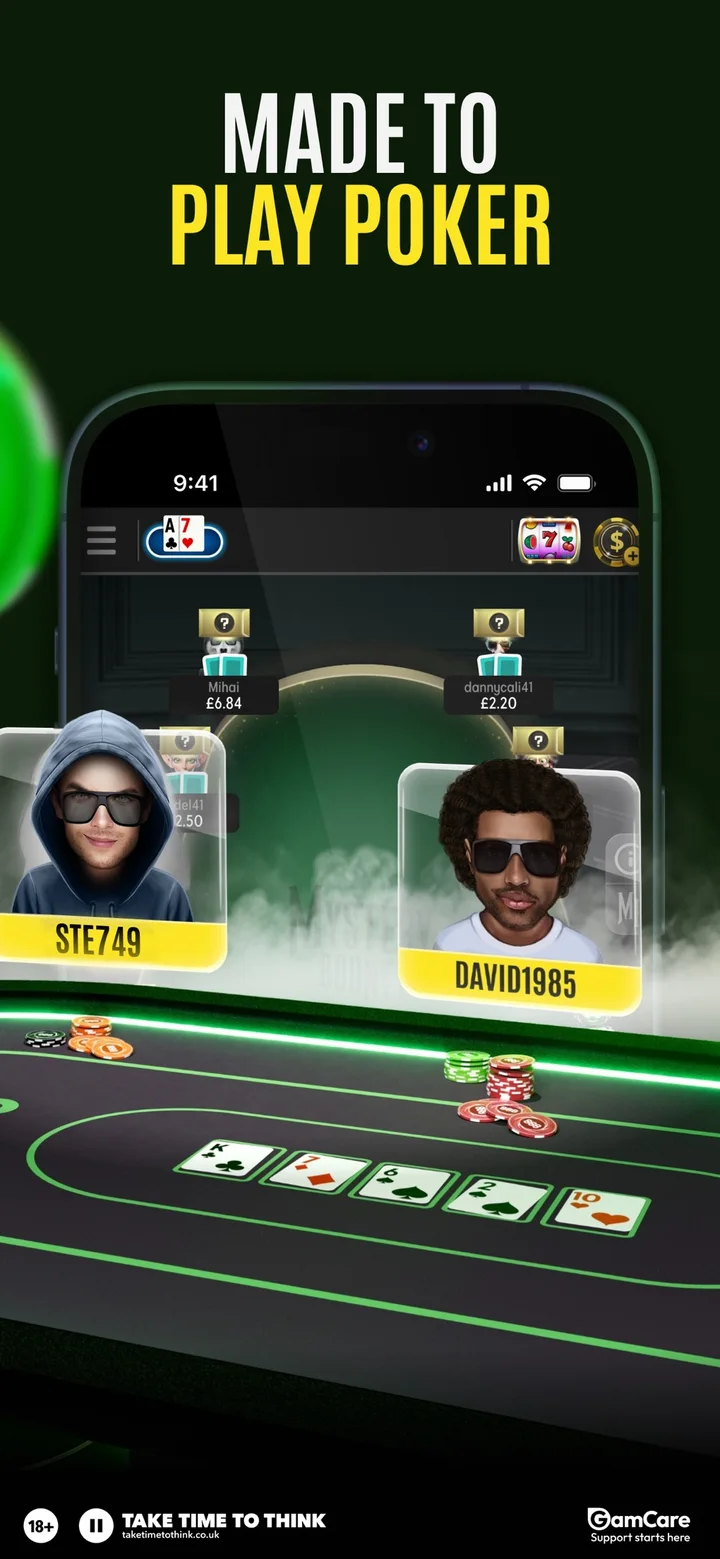 888poker app screen “Made to Play Poker”: players at a table with a full board