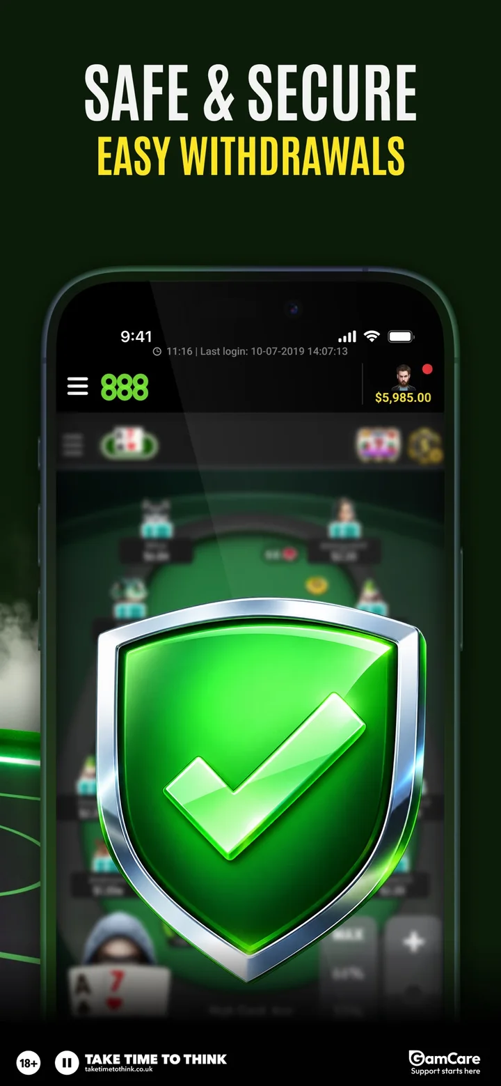 Экран приложения 888poker «Safe & Secure, Easy Withdrawals» с зелёным щитом