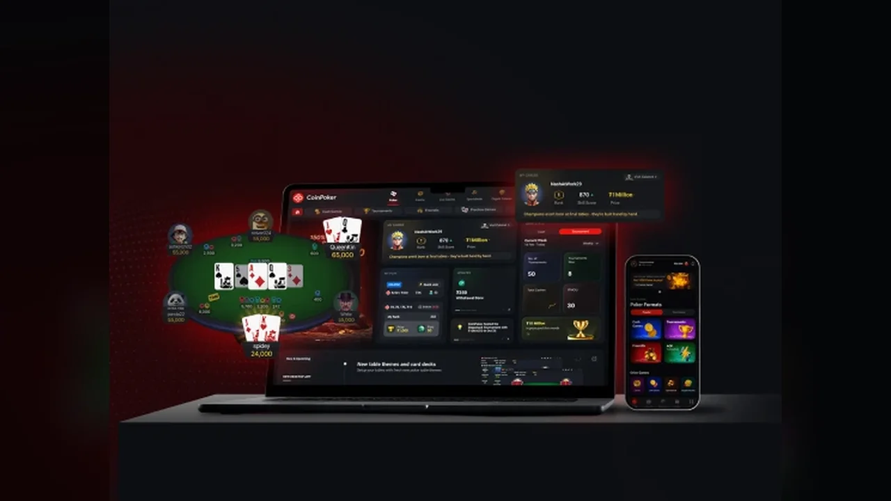 CoinPoker client with a Hold’em cash table, the lobby and the mobile app