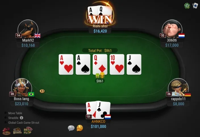 Hold’em cash table at the moment of a jackpot win