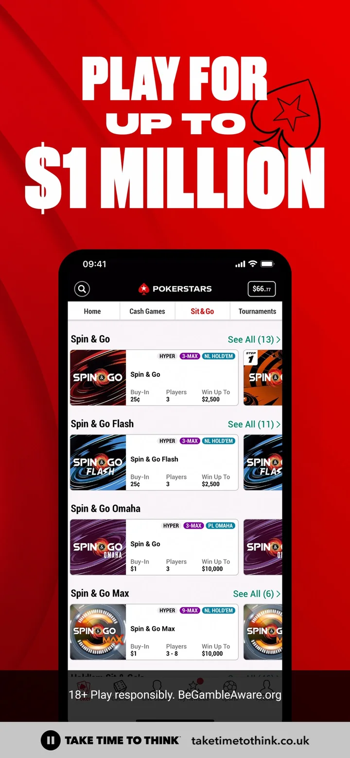 Лобби Sit & Go в мобильном PokerStars: столы Spin & Go и плитка Step 1