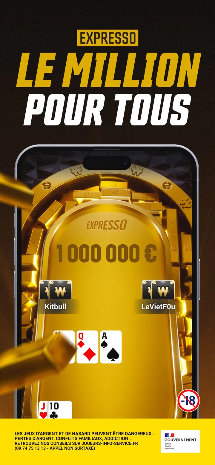 Winamax Expresso promo screen “Le million pour tous” with a gold table showing a €1,000,000 prize