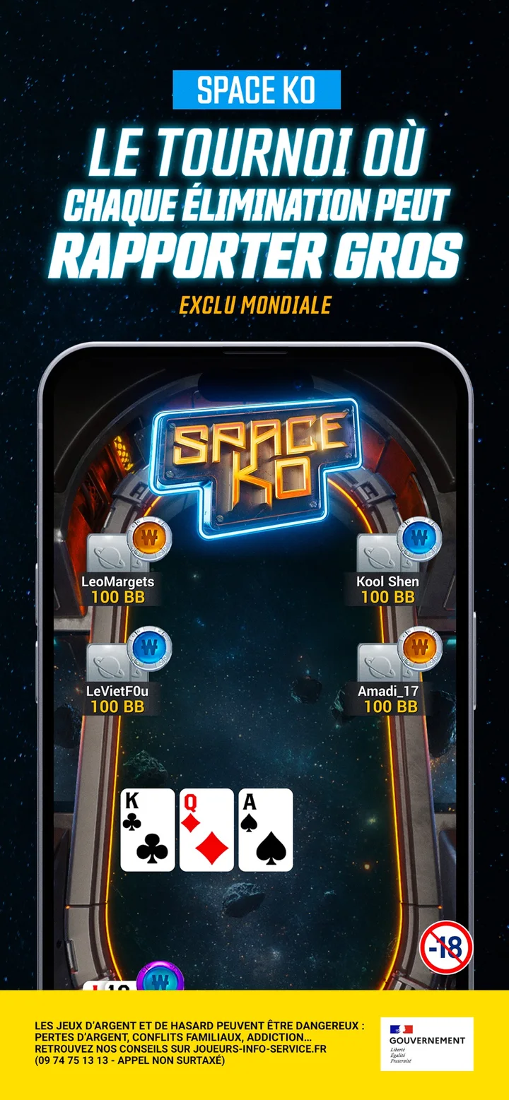 Winamax Space KO promo screen: four players with bounty tokens and 100 BB stacks at a space-themed table