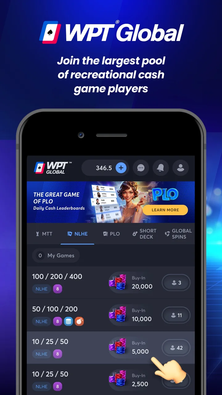 WPT Global mobile lobby with the PLO tab and a PLO leaderboard banner