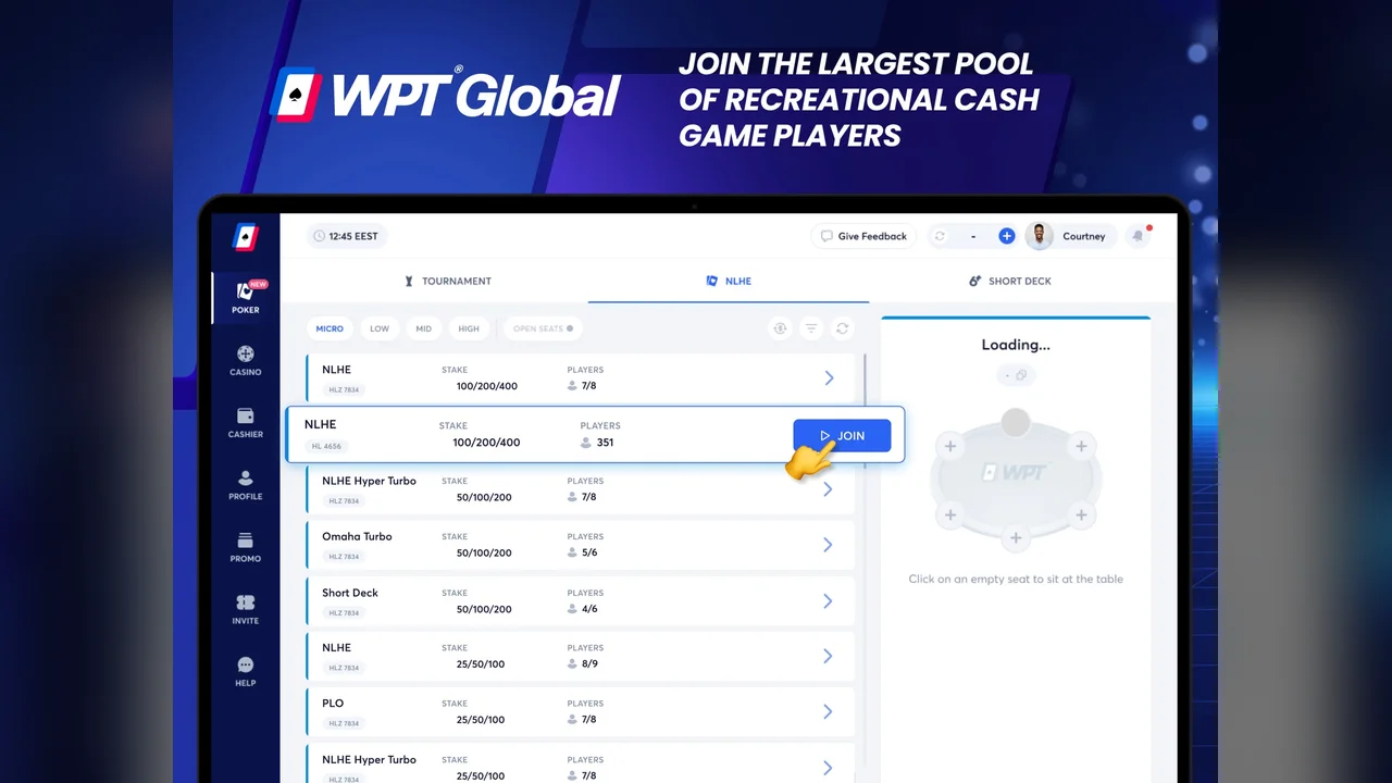 Лобби WPT Global на компьютере: кэш-столы NLHE, омахи и Short Deck