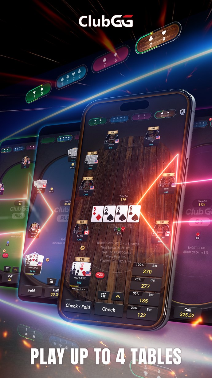ClubGG lets you play up to 4 tables at once — on a weak connection, fewer is safer